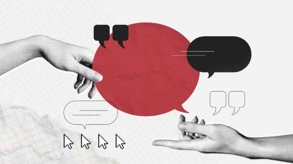 Collage with hands holding speech bubbles based on the concept of communication.