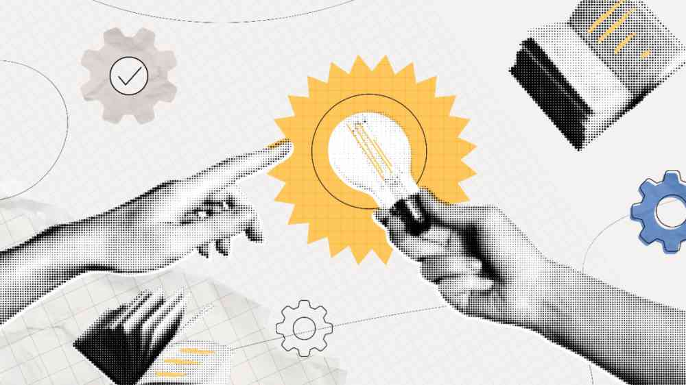 Collage with a woman's hand holding a light bulb. The collage is based on the study and education concept.