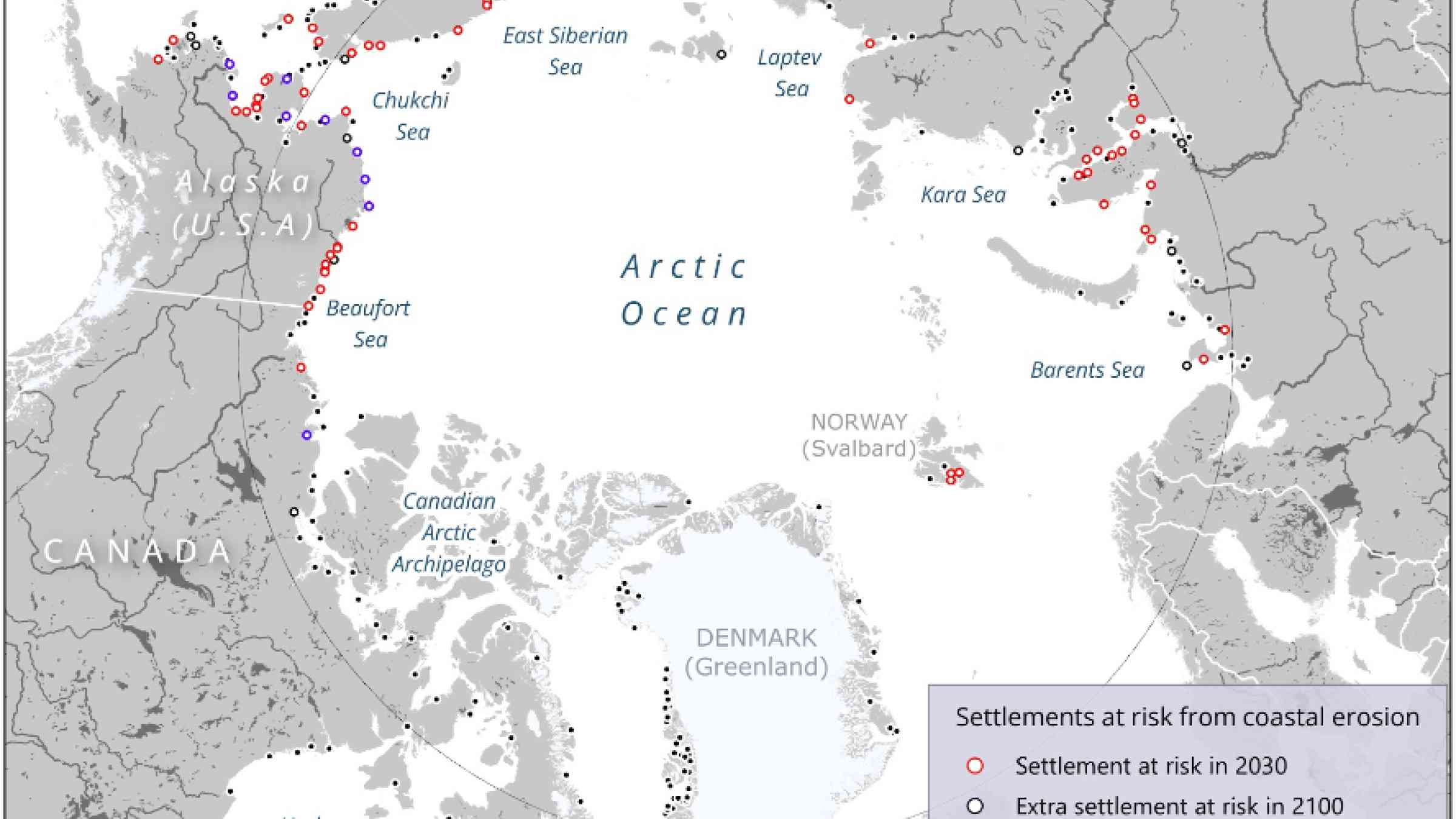 Map showing settlements at risk of instability due to erosion according to the new Earth’s Future study