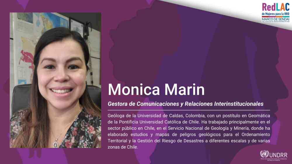 Retrato de Mónica Marín, Gestora de Comunicaciones y Relaciones Interinstitucionales de la RedLAC de Mujeres para la RRD, con fondo de mapas geológicos.