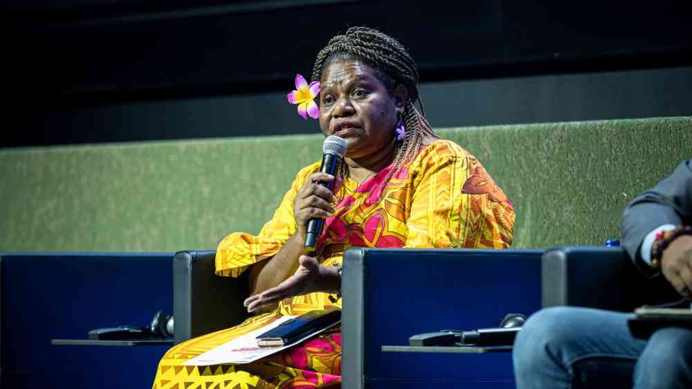 Flora Vano addressing the audience at the 2025 Global Platform for Disaster Risk Reduction, in Geneva, Switzerland.