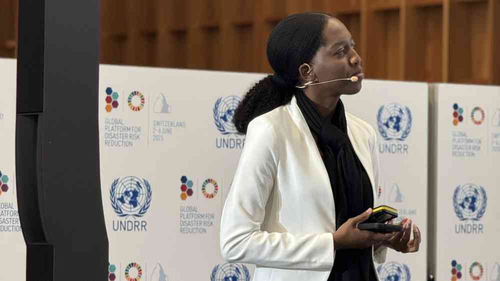 Christal Benjamin presenting at the Ignite Stage during the Global Platform for Disaster Risk Reduction in Geneva, Switzerland (2025).