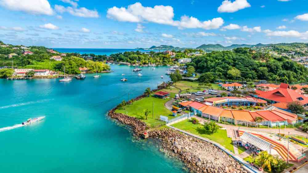 Aerial view of port Castries, Saint Lucia, with duty free shops.