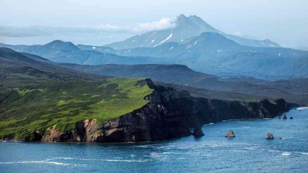 Southeast coast of the Kamchatka Peninsula. View from a helicopter.
