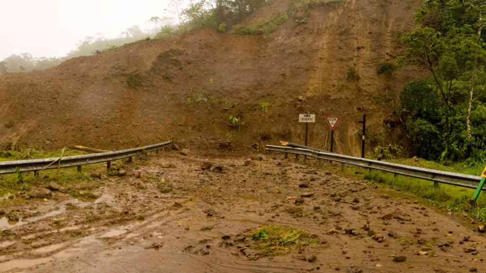 Mudslide blocking a road in Costa Rica