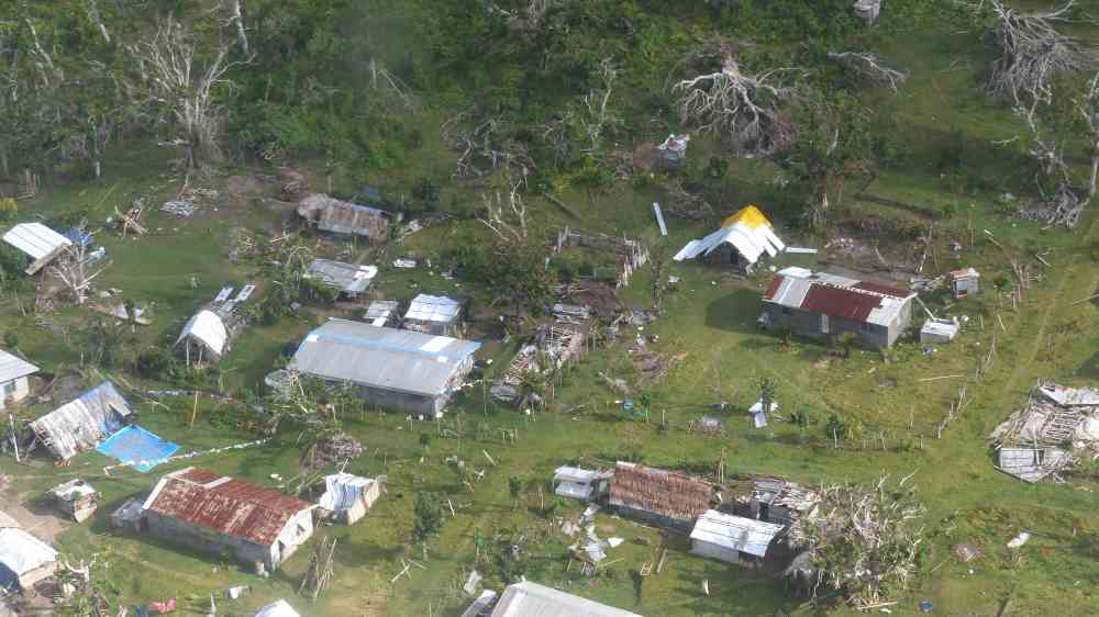 Aerial view of destroyed houses on Tongoa, Vanuatu, in the aftermath of Cyclone Pam 2015