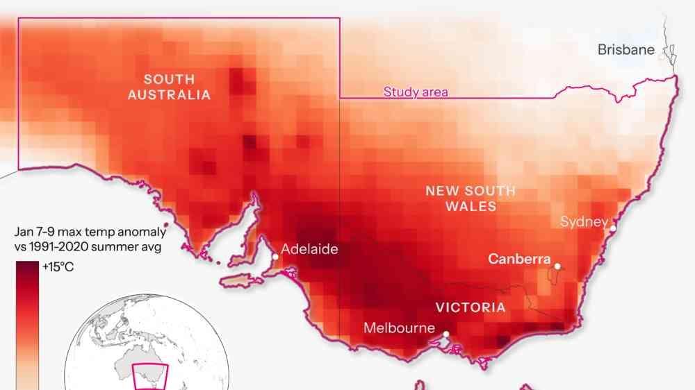 Anomalies of 3-day daily maximum temperatures from 7-9th January 2026 over Australia with respect to mean summer (December-February) daily maximum temperatures over the 1991-2020 climatological period.