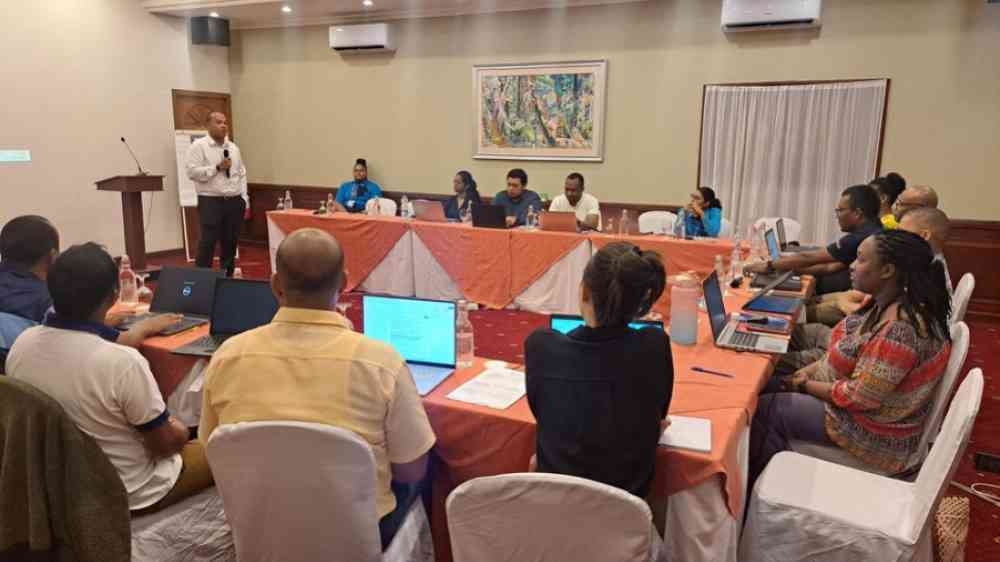 A group of people are gathered in a meeting room on a long table, organised in a "U" formation. At the front of the room there is a man with a microphone, delivering a presentation. In the background, on one of the rooms walls, is a painting of dense foliage in a jungle