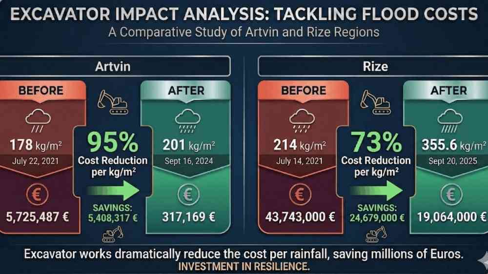 Comperative analysis of the impact of excavator-based river interventions on flood related costs in Artvin and Rize, showing significant cost reductions following implementation.
