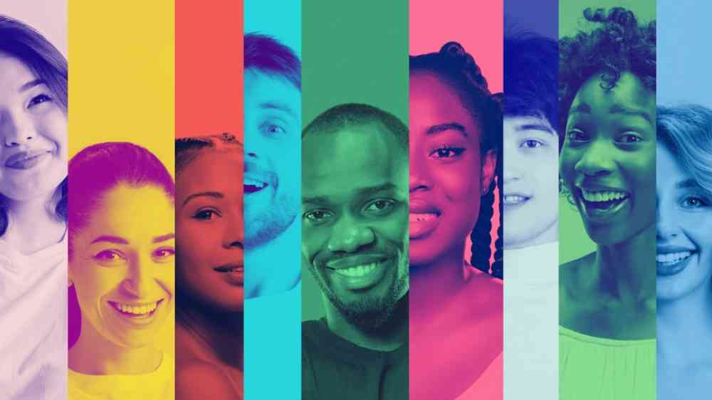 Colorful collage of smiling multiethnic people in vertical panels.