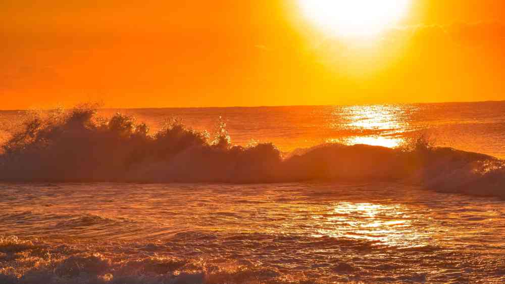Ocean surface glowing orange, evoking the rising heat affecting marine ecosystems worldwide