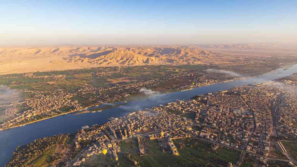 Luxor, Egypt. View of the Nile river from a hot air balloon in Luxor.