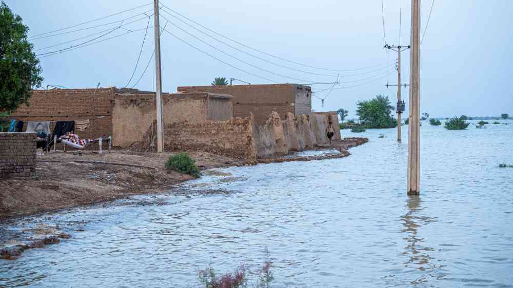 Flooding submerges rural houses in Gandakha, Balochistan, Pakistan.