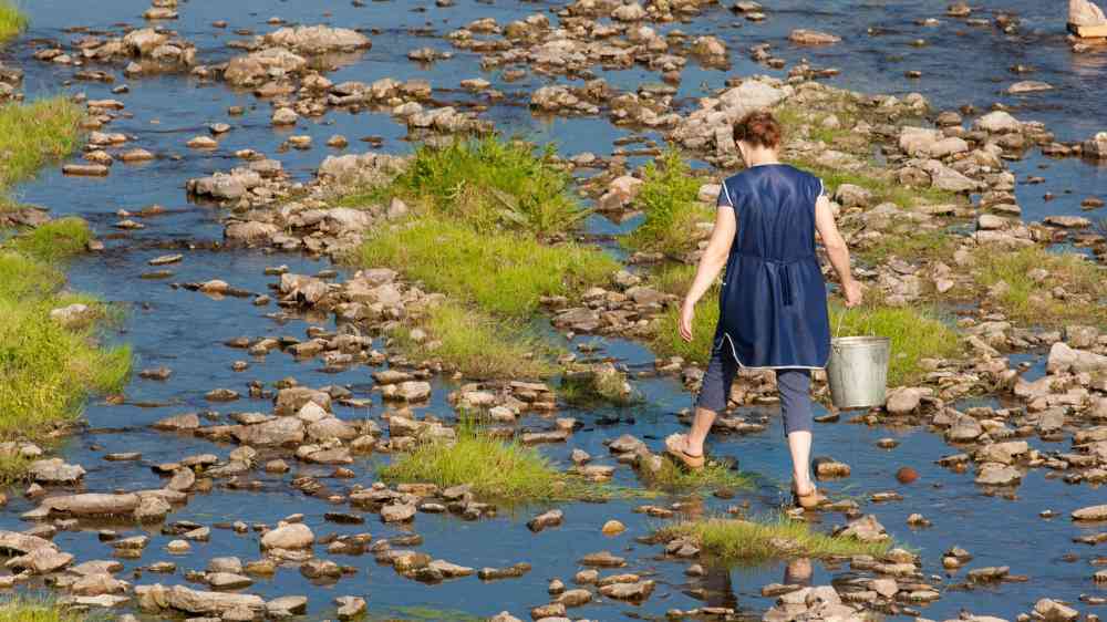 Woman crossing a shallow rocky river with a metal bucket in summer.