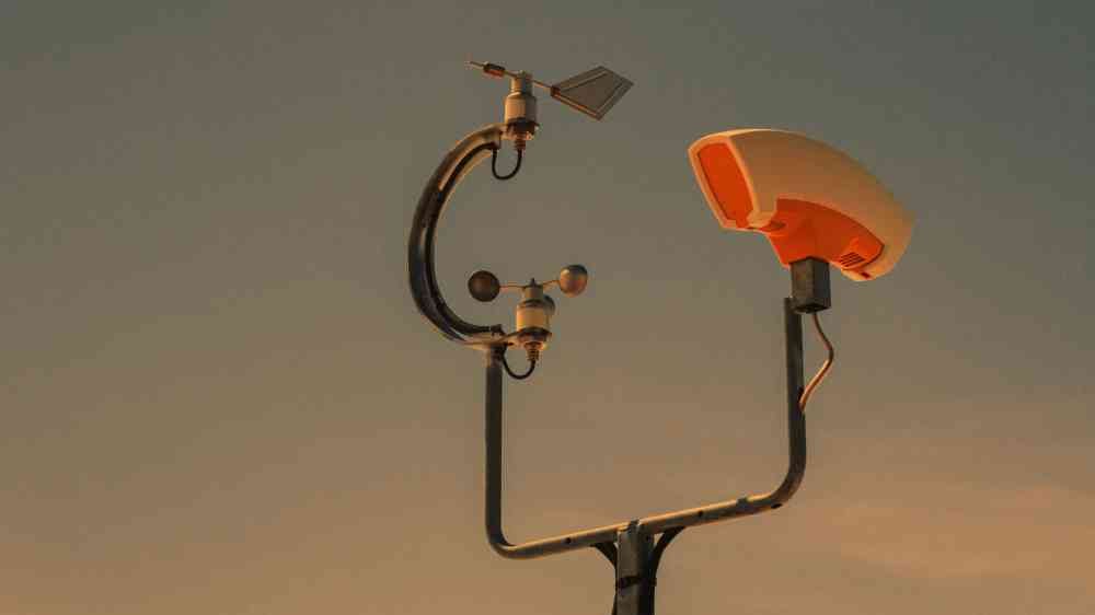 Weather monitoring equipment with a sunset sky backdrop, highlighting technology and atmosphere.