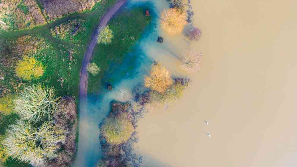 Aerial shot of a partially flooded park with visible pathways and trees, showcasing natural beauty.