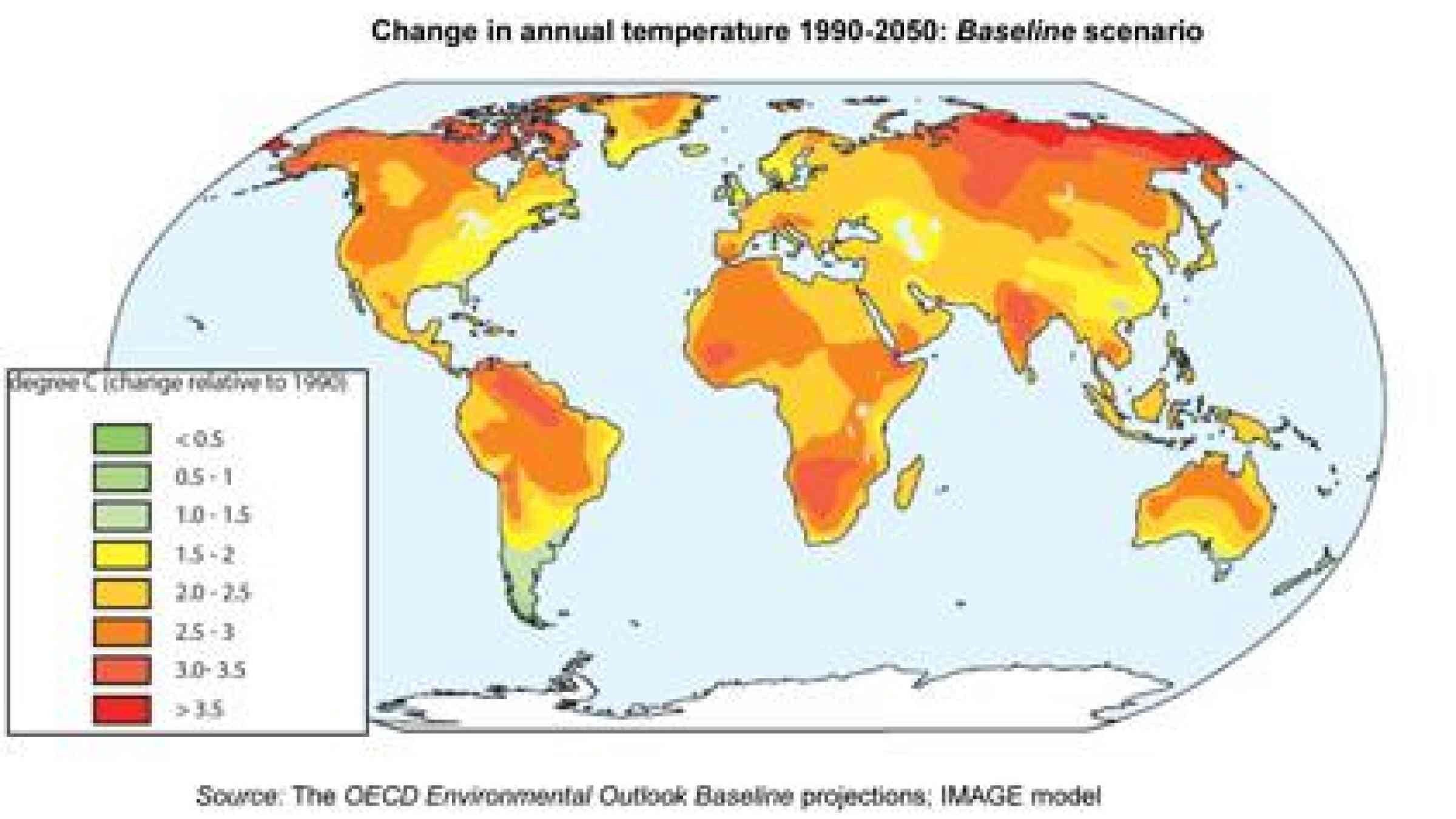 Change in annual temperature 1990-2050: Baseline scenario, OECD