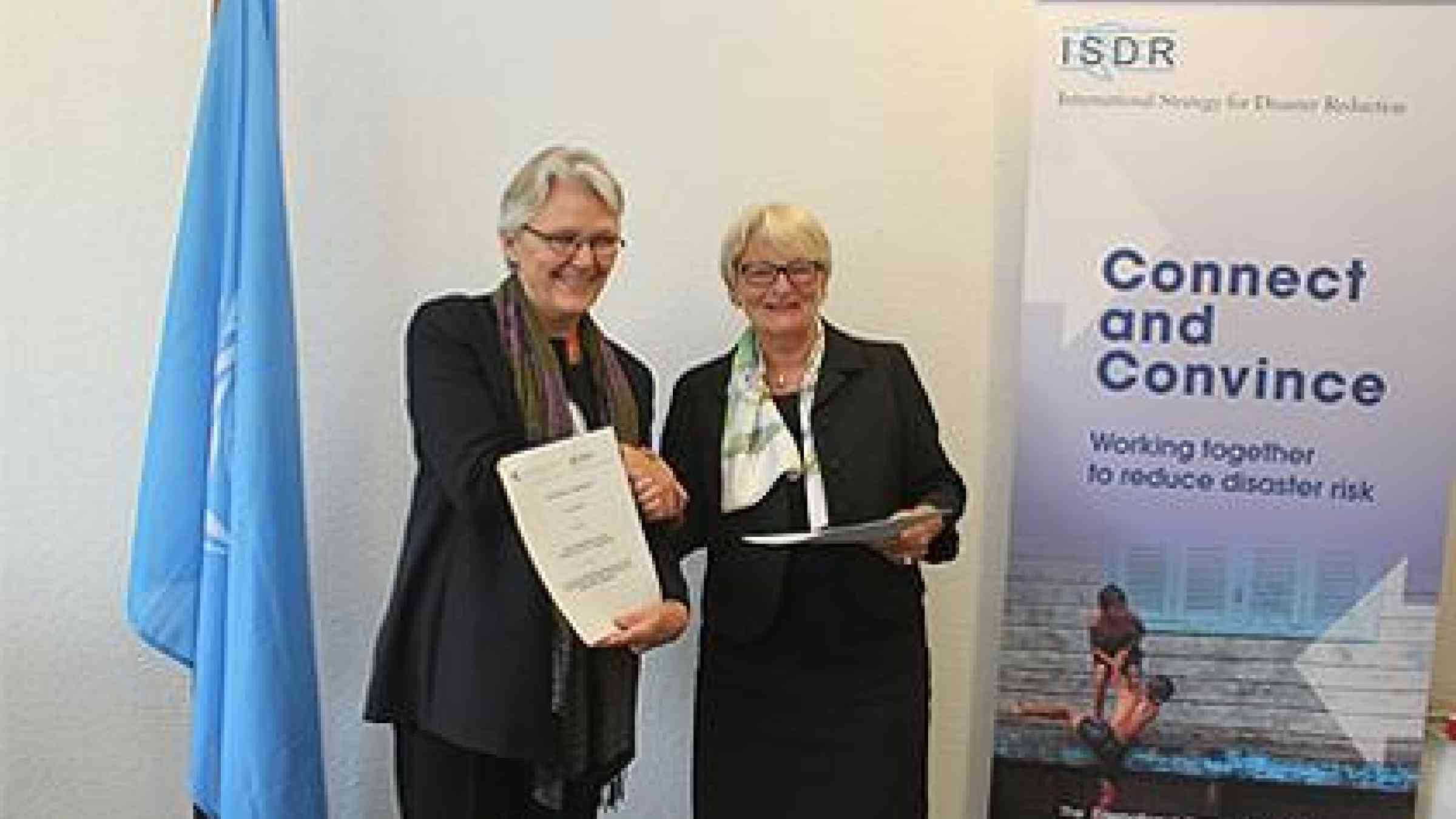 UN Secretary-General’s Special Representative for Disaster Reduction, Margareta Wahlström (left) and Marie-Josée Jacobs, Luxembourg's Minister for Development Cooperation and Humanitarian Affairs (right). Photo by Sophie Torelli Chironi