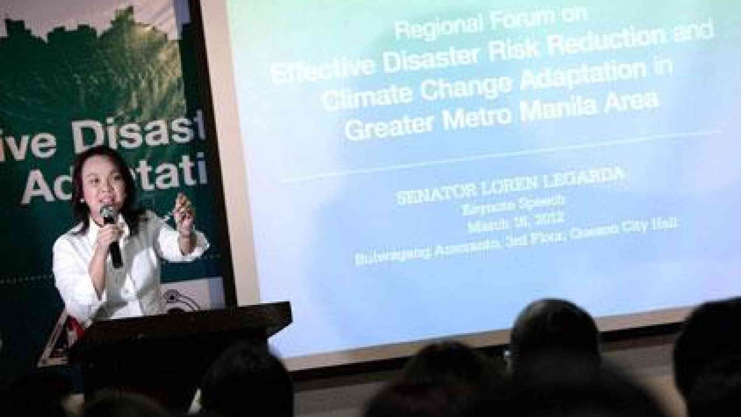 Philippines Senator Loren Legarda gives a keynote speech at the 'Regional Forum on Effective Disaster Risk Reduction and Climate Change Adaptation in Greater Metro Manila' in March 2012. (Photo/Joseph Vidal)