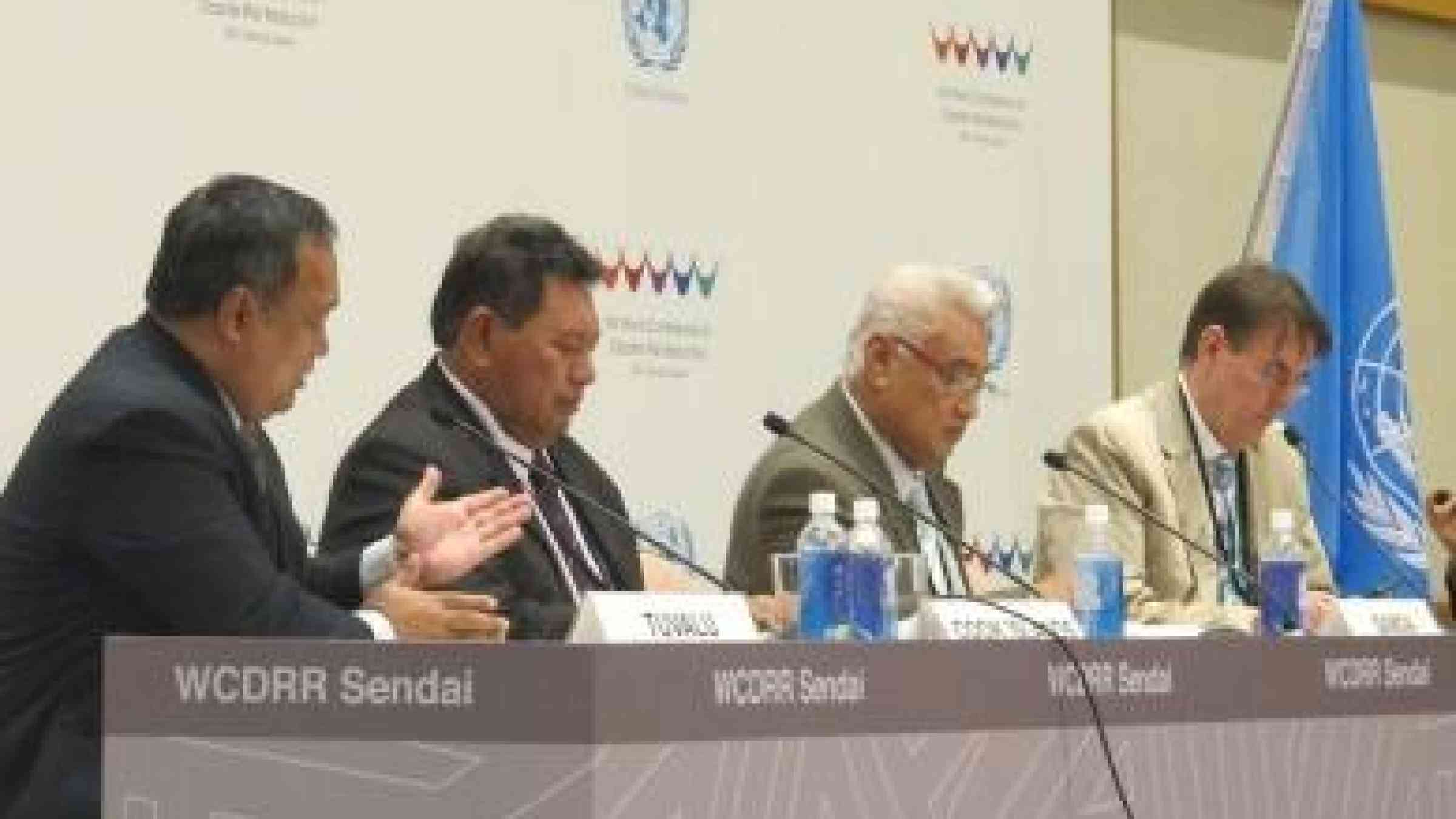 by UN/Nan Zehng Pacific Island leaders brief press at Third World Conference on Disaster Risk Reduction in Sendai, Japan. Left to right: Ambassador Aunese Makoi Simati of Tuvalu; Foreign Minister Tai Tura of the Cook Islands, and Faamoetauloa Tumaalii, Minister of Natural Resources and Environment of Samoa