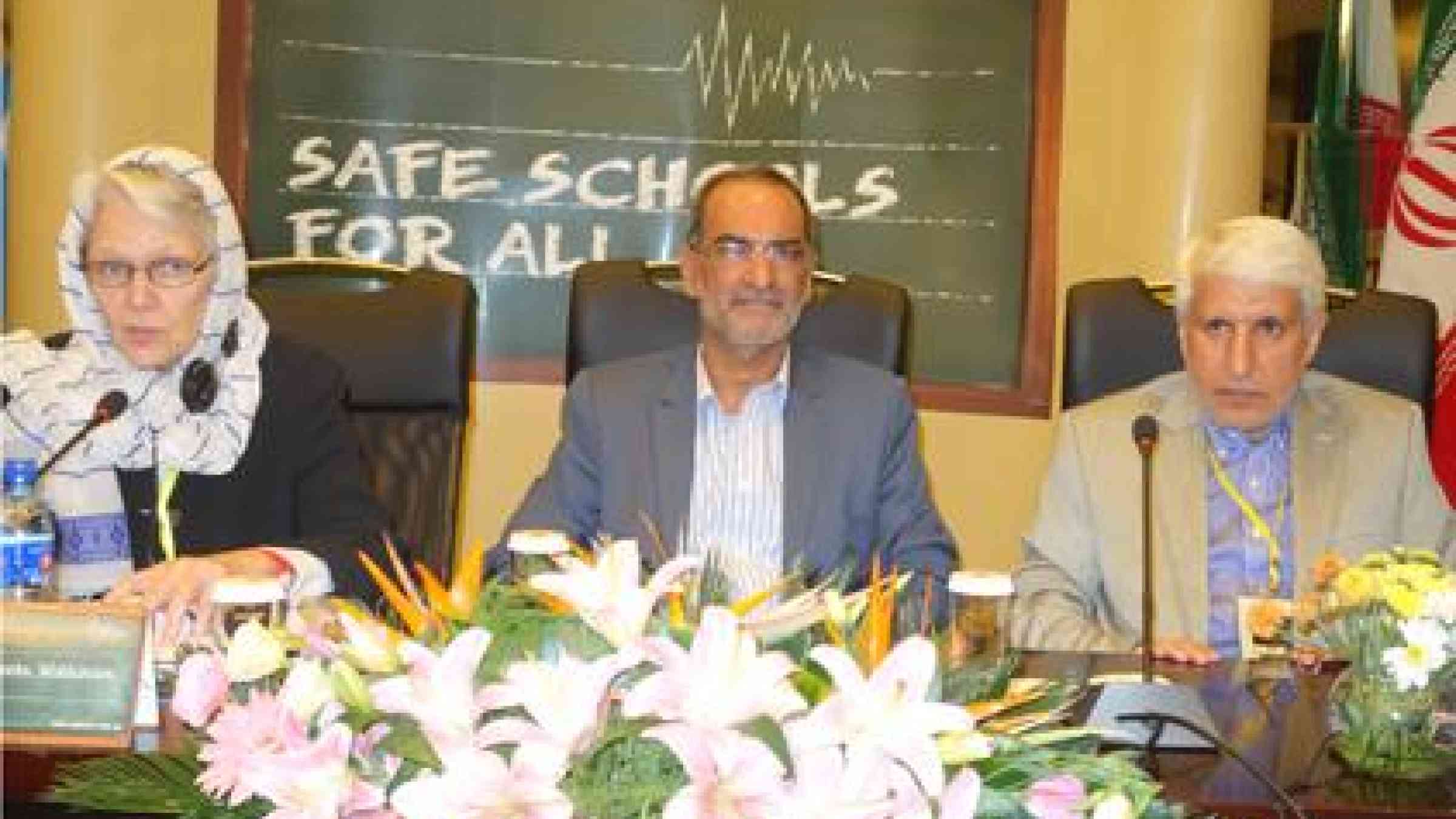 Ms. Margareta Wahlstrom, head of UNISDR, Dr. Morteza Raissi Dehkordi, Deputy Minister for Education, Iran, and Prof. Mohsen Ghafory-Ashtiany of the International Institute of Earthquake Engineering and Seismology at the opening day of the Safe School Leaders meeting in Tehran. (Photo: UNISDR)