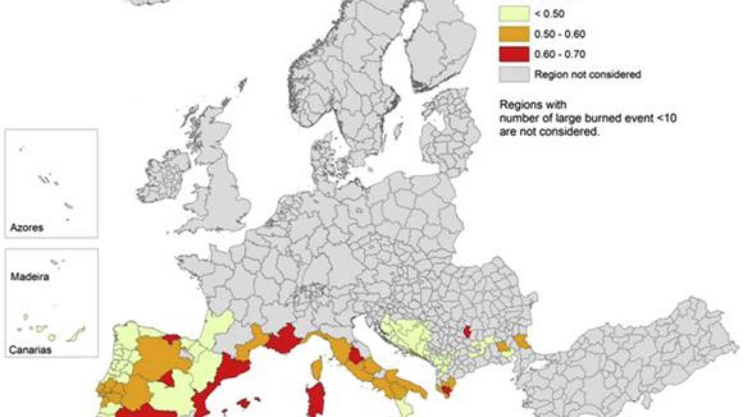 Density of the wildland-urban interface areas in administrative regions across Europe, showing regions where unmanaged land is dangerously close to cities, posing a potential fire risk. University of Leicester