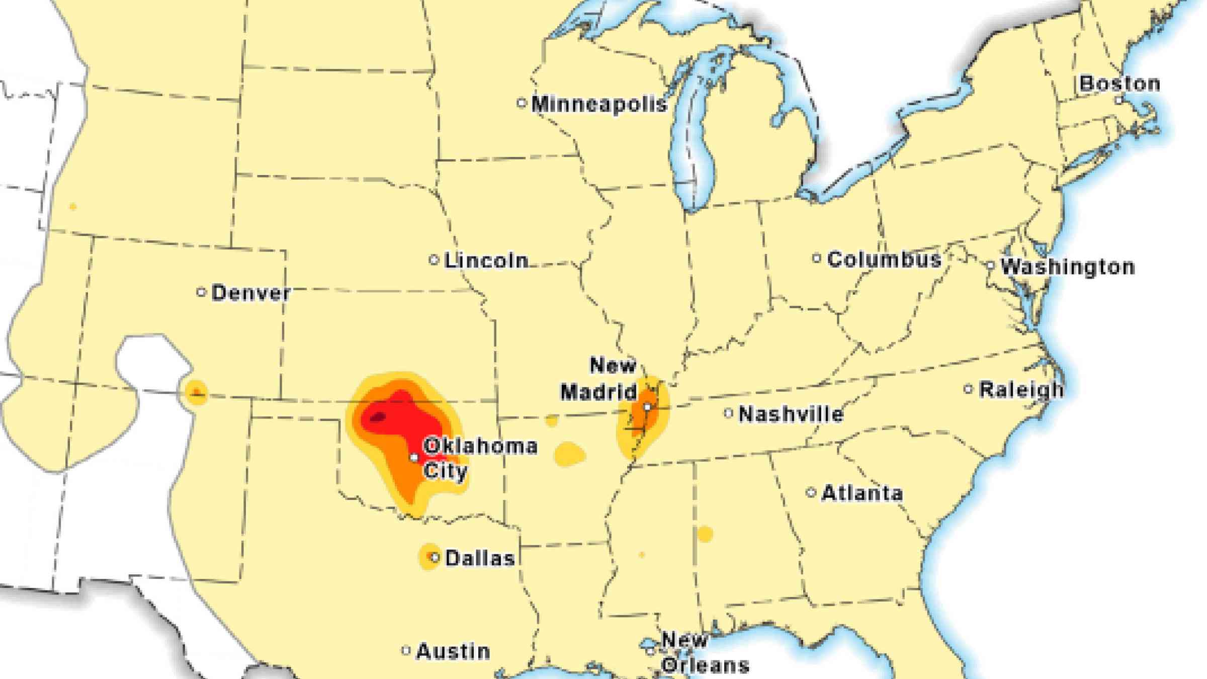 Map showing chance of damage from an earthquake in the Central and Eastern United States during 2016. U.S. Geological Survey
