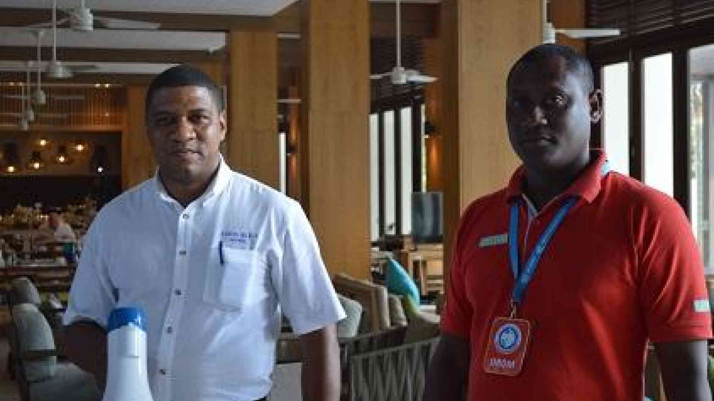 Evacuation of the Eden Bleu hotel as part of the tsunami drill in the Seychelles today under the direction of Mr. Jaime Barra, head of hotel security and safety, and Mr. Henry Moustache of the Division of  Risk and Disaster Management