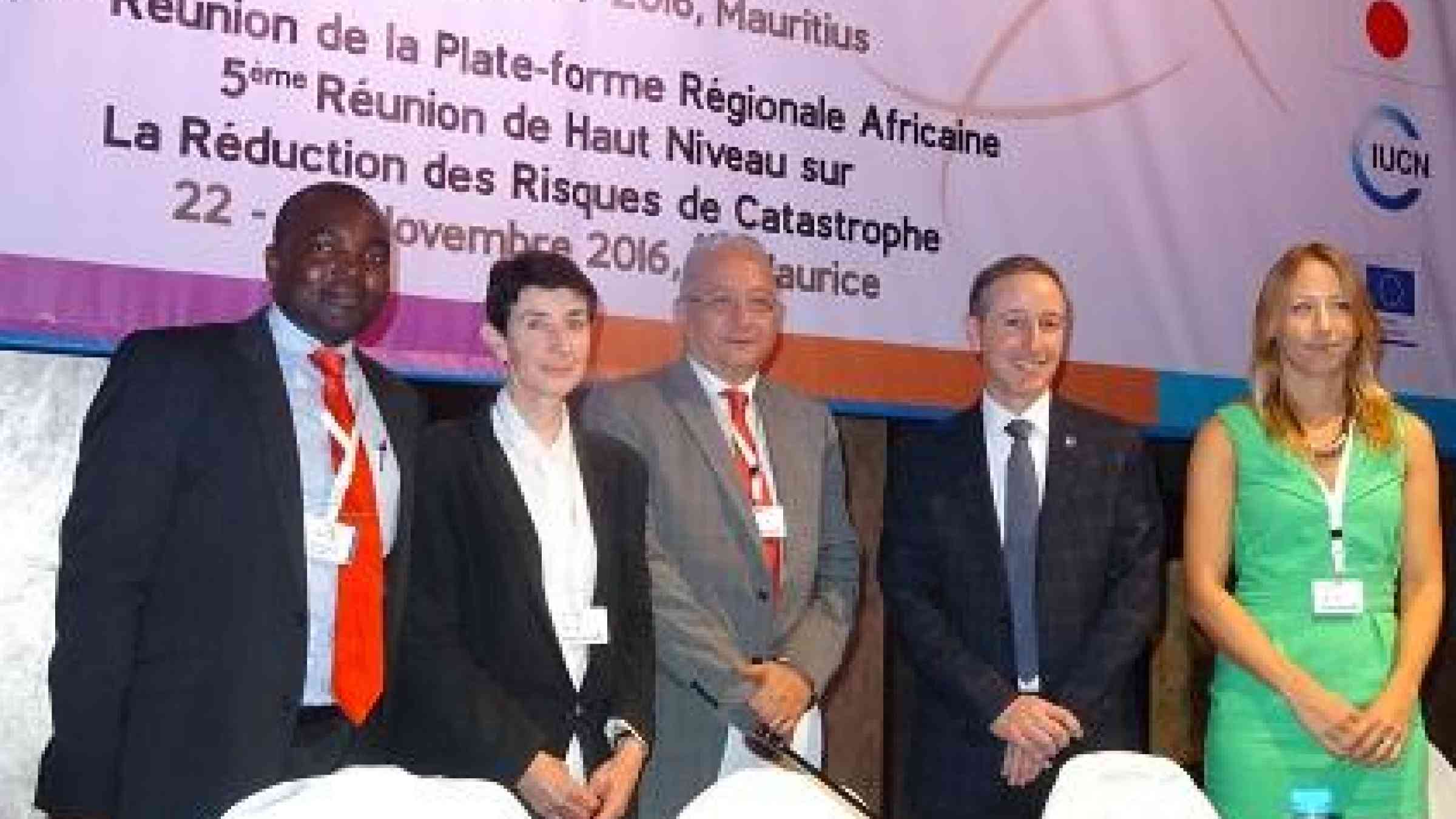 (from left): Mr. Xavier Agostinho Chavana, Mozambique government, Dr. Ailsa Holloway, Stellenbosch University, Prof. Wadid Erian, League of Arab States, Mr. Robert Glasser, UNISDR head, Ms. Katie Peters, ODI (Photo: UNISDR)