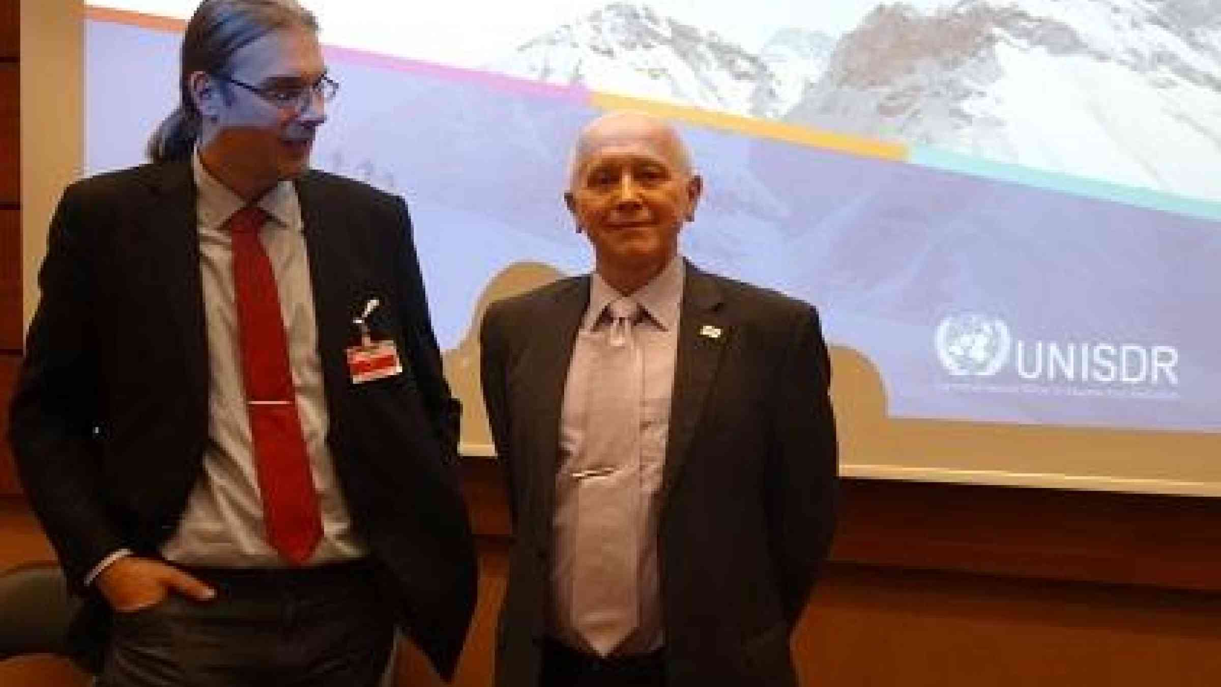 Dr. Jan Danhelka (left), Czech Hydrometeorological Institute, and Prof. Pavel Danihelka, Technical University of Ostrava, at their presentation to the UNISDR Support Group (Photo: UNISDR)