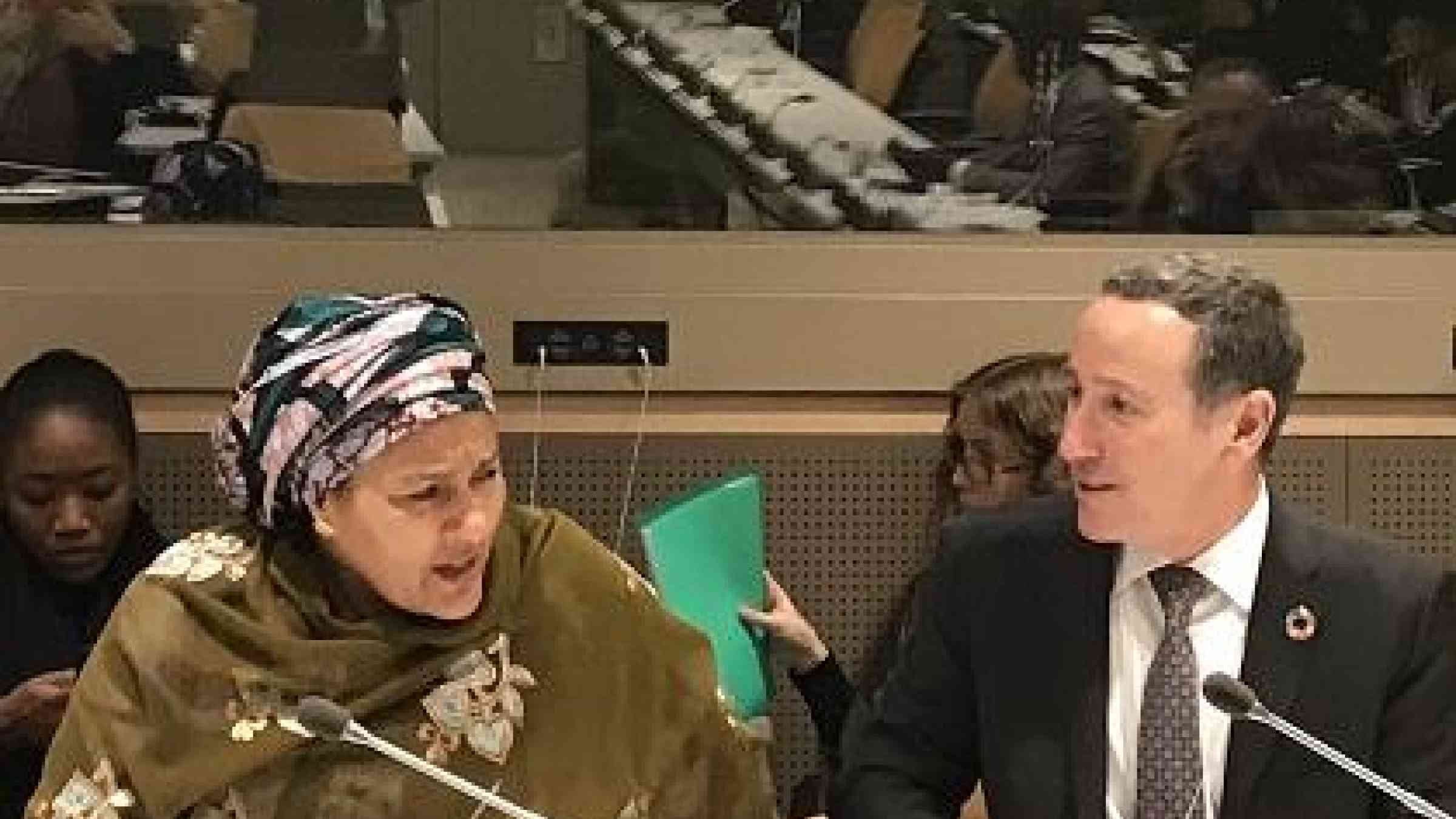 The UN Deputy Secretary-General, Ms. Amina J. Mohammed in discussion with UNISDR head, Mr. Robert Glasser, at this week's tsunami event in New York