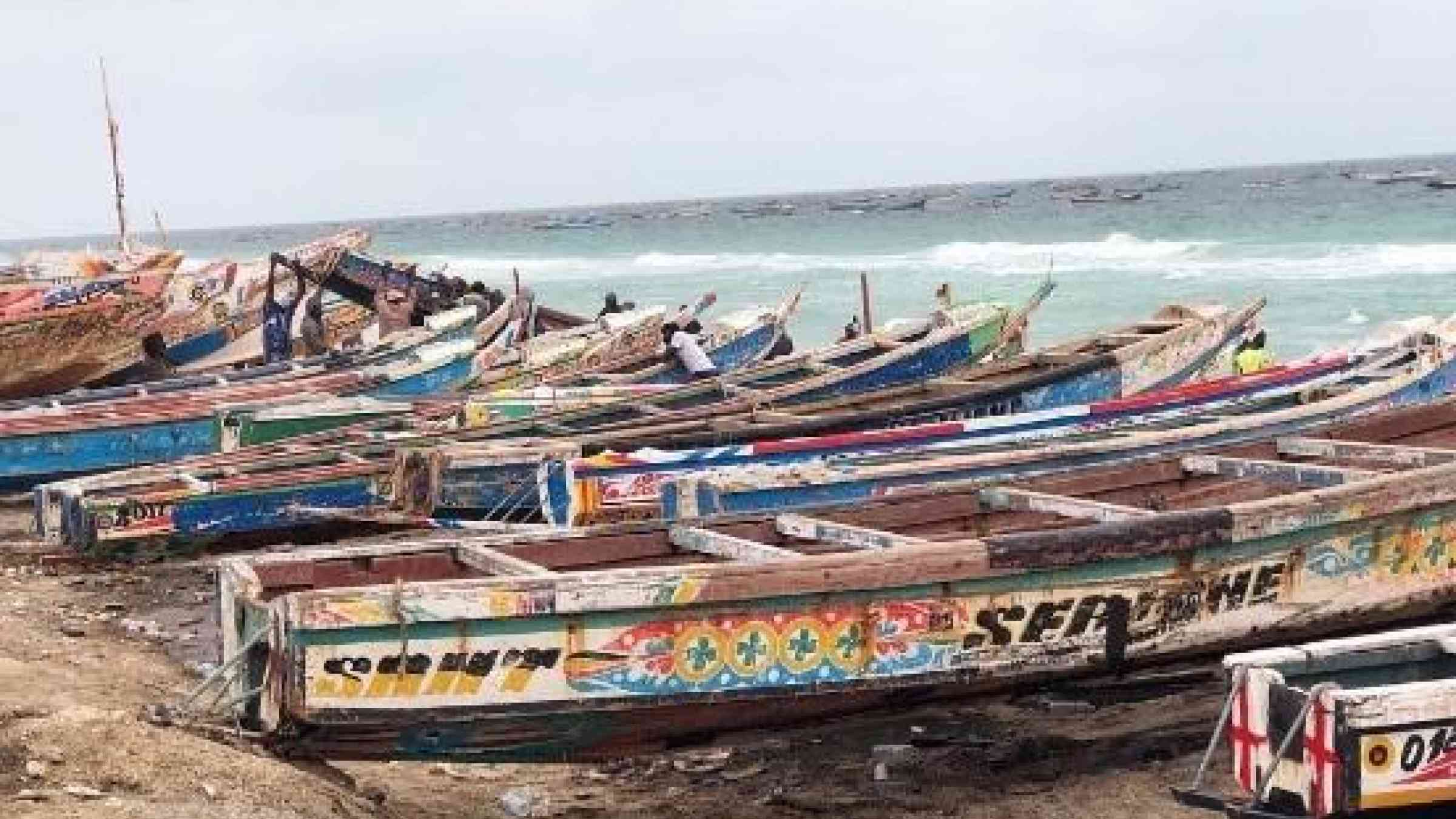Fishing boats lined up at Port de Peche on the coast of Nouakchott, Mauritania