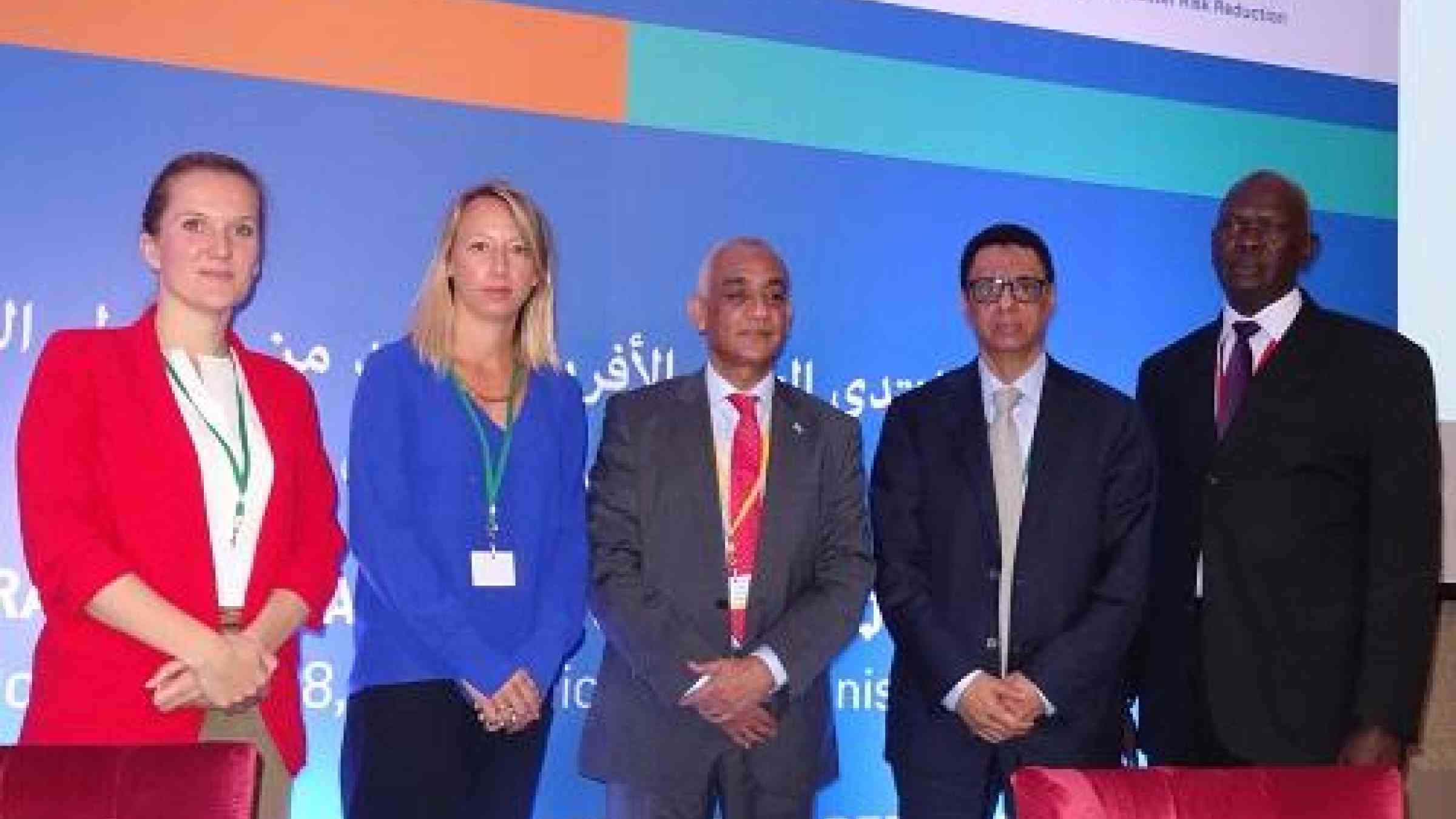 (from left) Panellists Nina Stuurman, IOM; Katie Peters, ODI; Hamza Said Hamza, Somalia; Abdessalam Ould Ahmed, FAO; Banak Wal, South Sudan