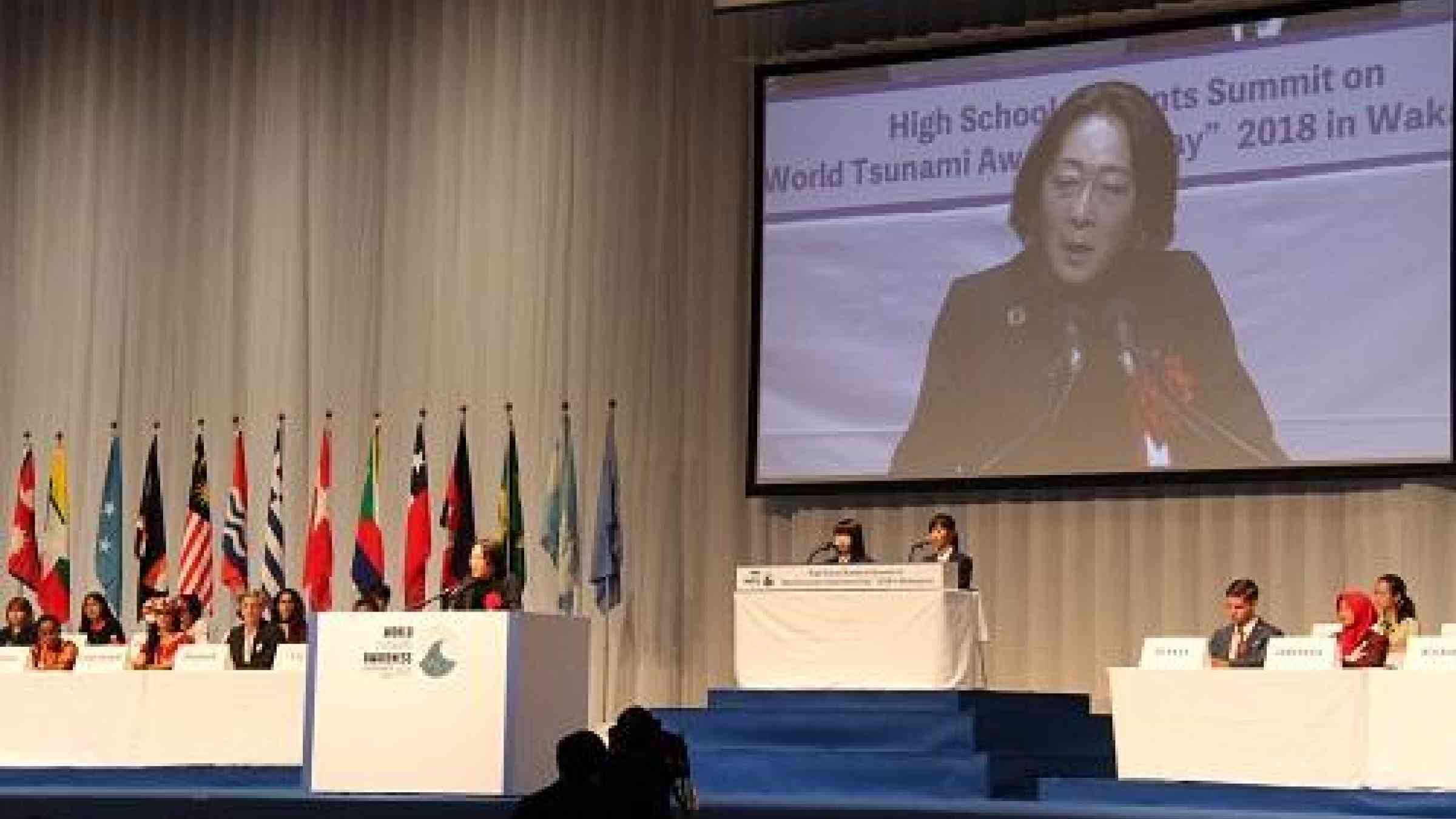 UNISDR head, Mami Mizutori, addressing the High School Students Summit for World Tsunami Awareness Day