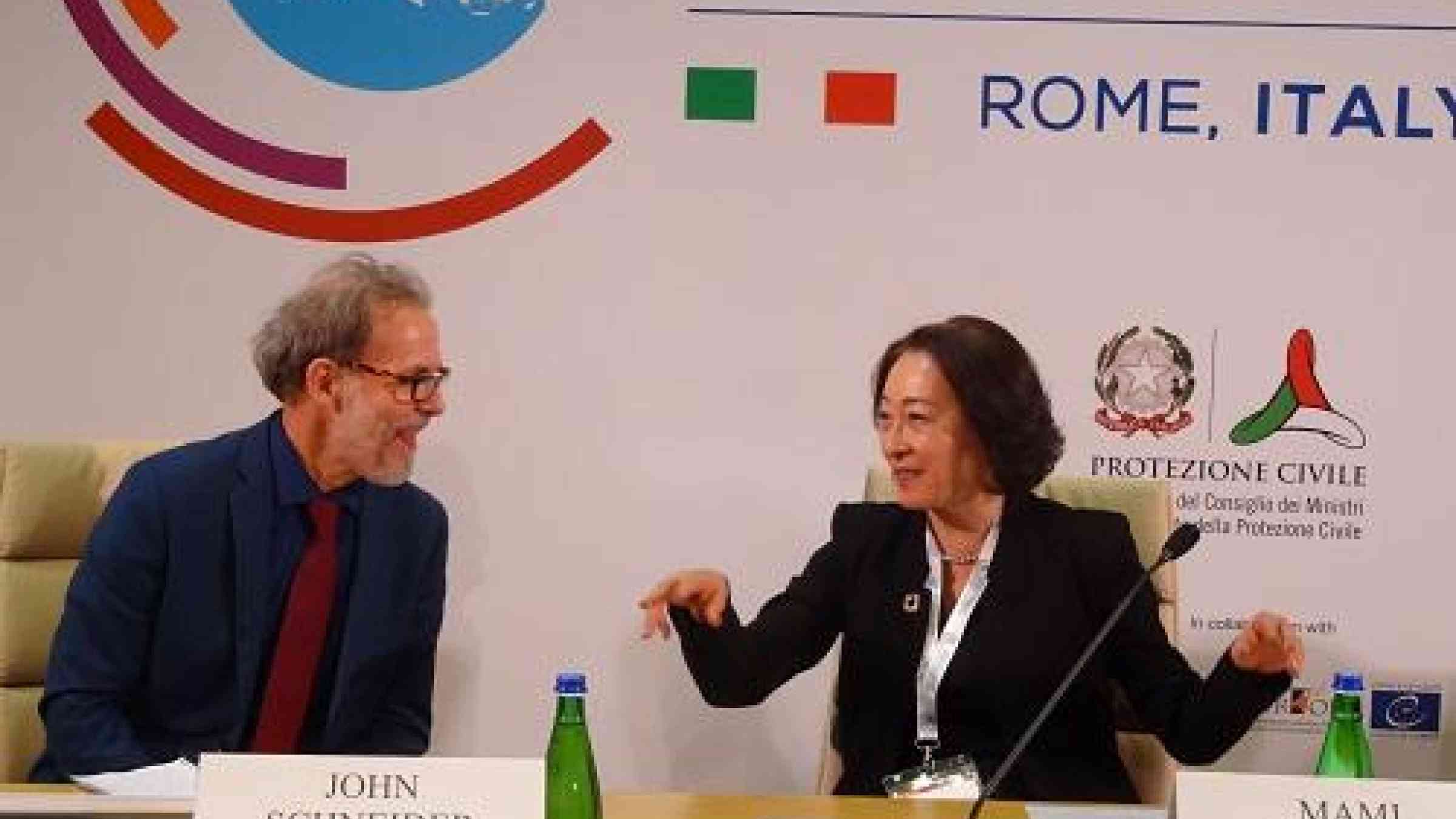 GEM Secretay-General, John Schneider in conversation with UNISDR head, Mami Mizutori, at the European Forum for Disaster Risk Reduction