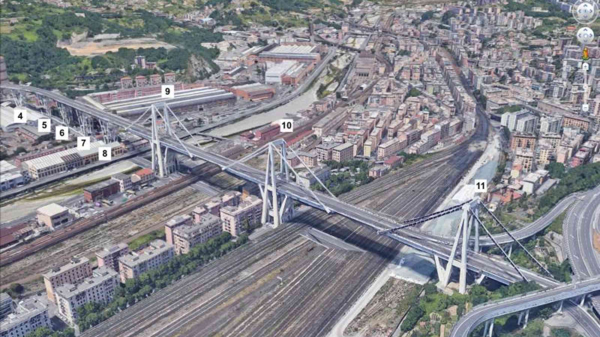 A satellite view of the Morandi Bridge in Genoa, Italy, prior to its August 2018 collapse. The numbers identify key bridge components. Numbers 4 through 8 correspond to the bridge's V-shaped piers (from West to East). Numbers 9 through 11 correspond to three independent balance systems on the bridge. In the annotated version, the black arrows identify areas of change based on data from the Cosmo-SkyMed satellite constellation. (Image source: NASA/JPL-Caltech/Google)