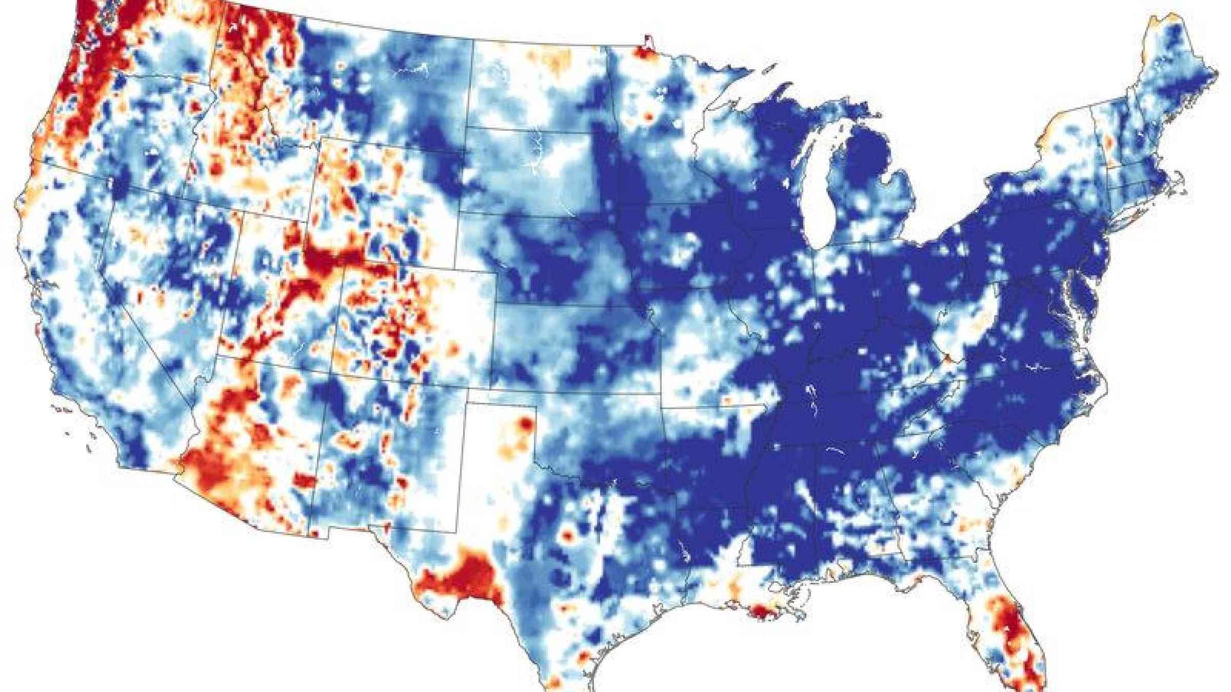 More precipitation fell in the continental U.S. in the 12 months ending in May 2019 than ever recorded. Records go back more than 120 years. Blue areas had more groundwater than usual for May. Orange and red areas had less. Source: NASA Earth Observatory