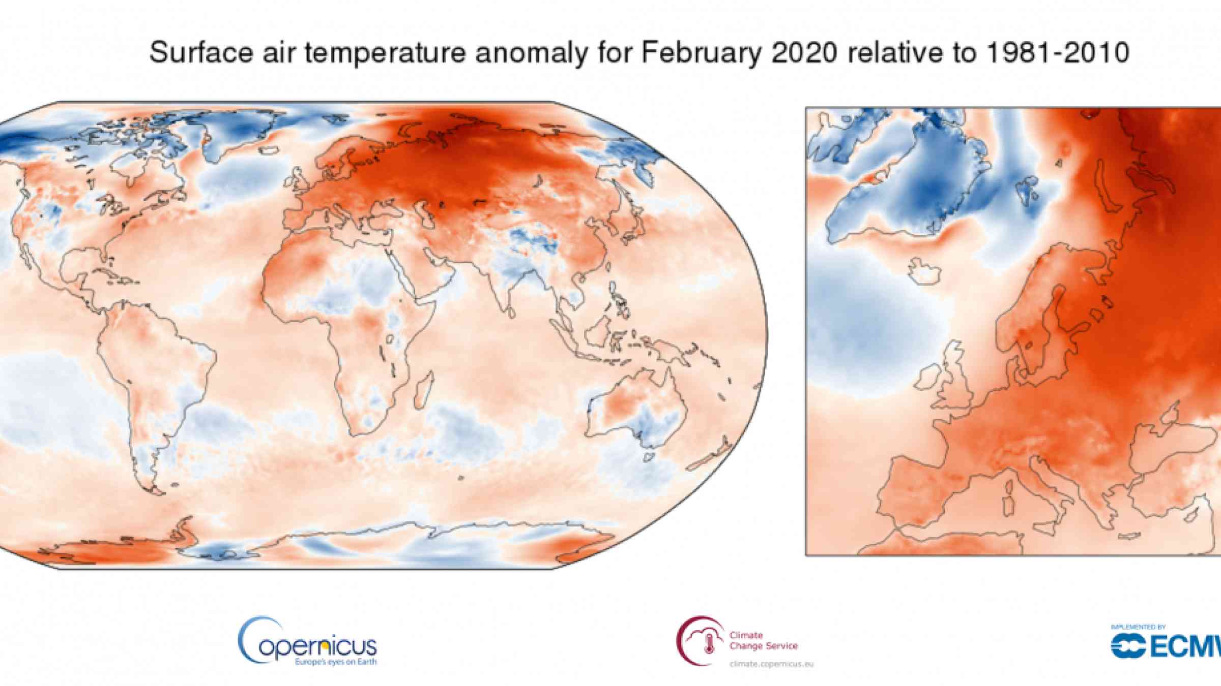 Surface air temperature anomaly for February 2020 relative to the February average for the period 1981-2010. Data source: ERA5. Credit: Copernicus Climate Change Service/ECMWF.