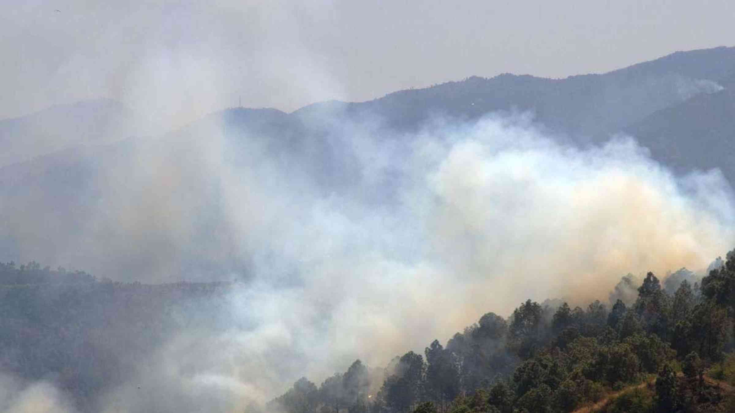 Forest fire on the dry slopes of the Himalayas where terraced farming is conducted. India