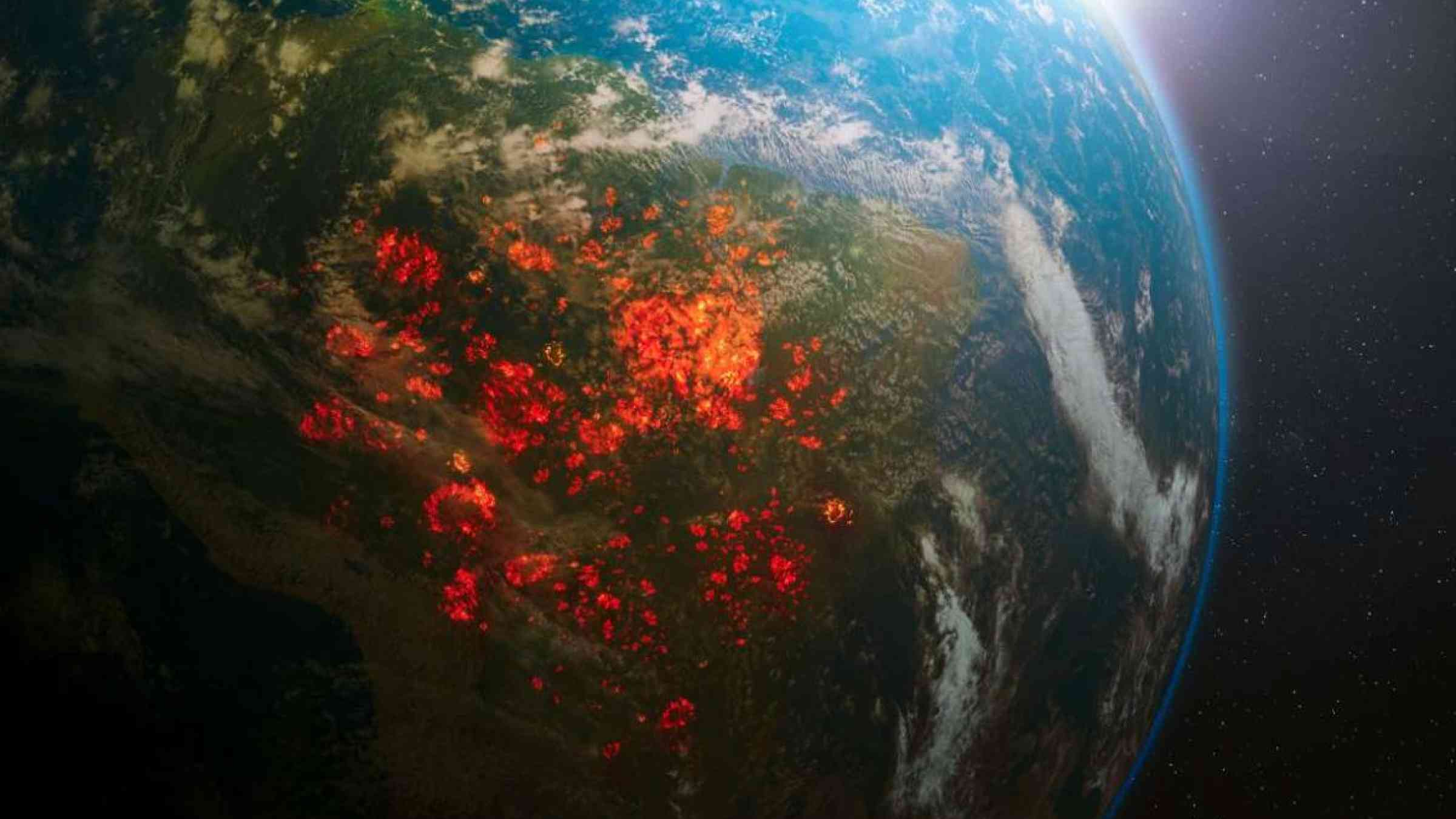 Aerial view from space of ecological disaster of fires in the Amazon, South America. Shutterstock.com