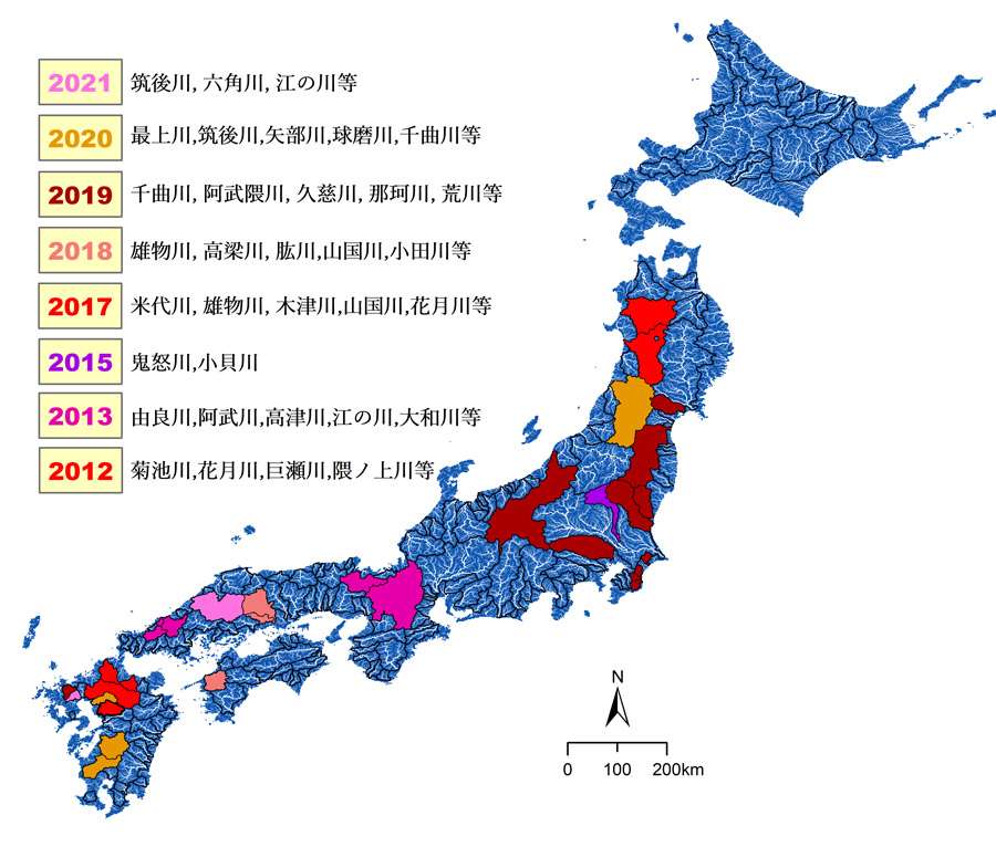 Flooded rivers (川) and their basins during extreme rain events in recent years in Japan
