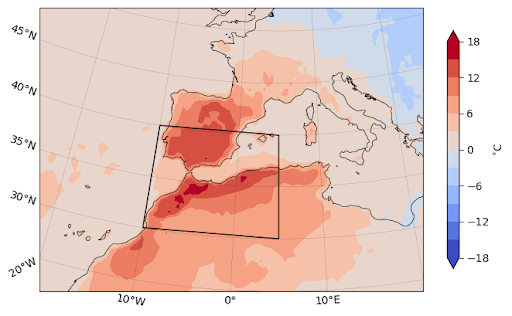 Daily temperature anomaly with respect to 1991-2020 averaged over 26-28 April 2023