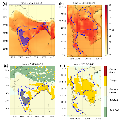  Heat Index in ℃ showing 4-day average daily maximum during 17-20 April, 2023 for the India-Bangladesh region.