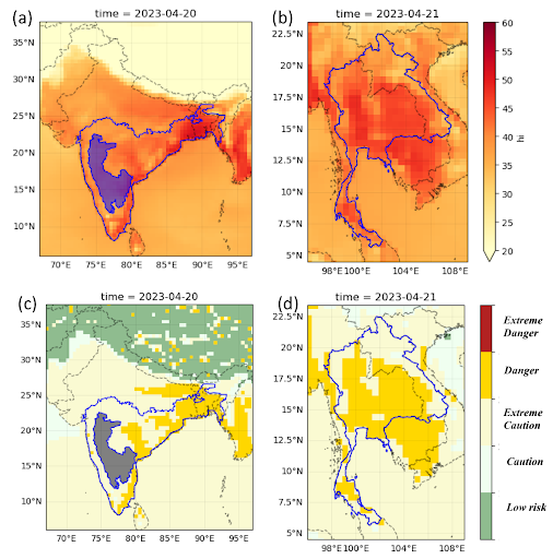 Heat Index in ℃ showing 4-day average daily maximum during 17-20 April, 2023 for the India-Bangladesh region.