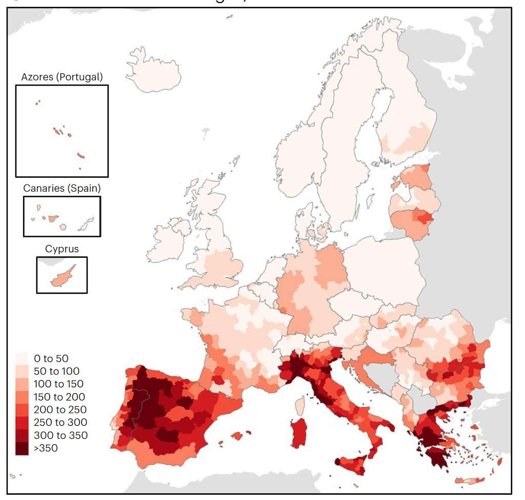 Illustration showing Heat-related mortality rate, in deaths per million, for different regions of Europe during the summer of 2022