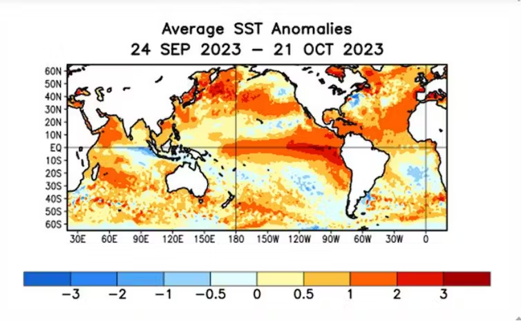 A map showing Anomalies in sea surface temperature, Sep to Oct 2023