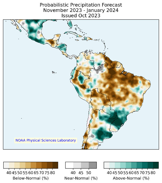 An illustration displaying the forecast for rainfall from November 2023 through January 2024