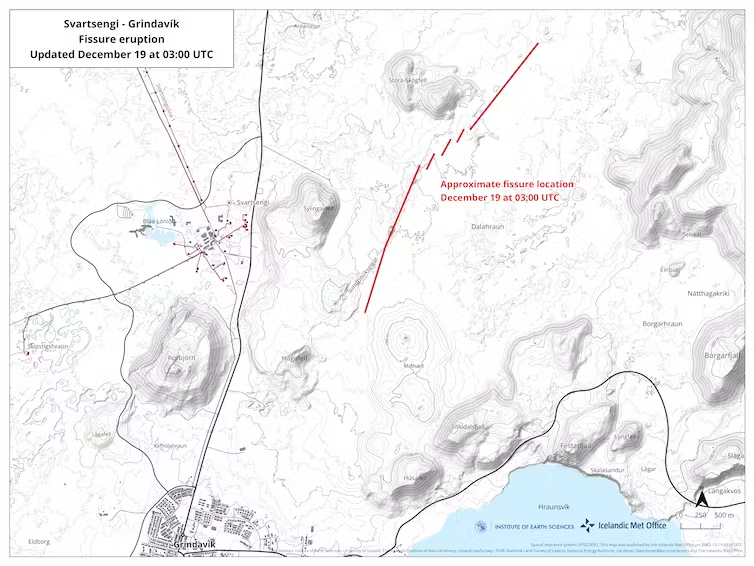 A map showing where the location of the fissure where magma erupted starting Dec. 18, 2023 near Grindavik, Iceland