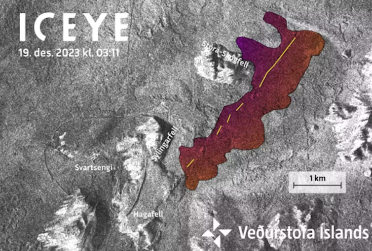 A satellite image showing the fissure location and new lava spread as of Dec. 19, 2023 in Grindavik, Iceland