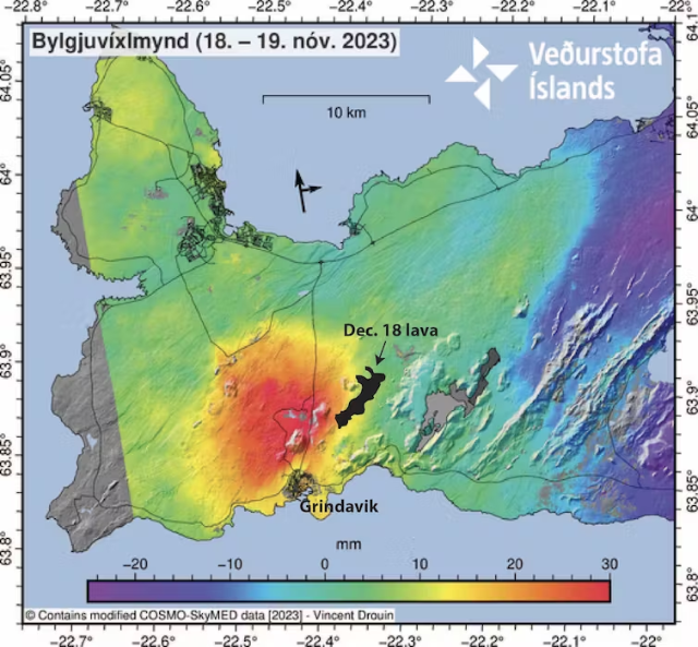 A map showing the uplift of the ground north of Grindavík prior to the Dec. 18, 2023 eruption.